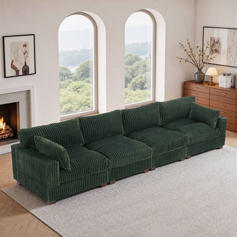 Plush Corduroy Upholstered Modular Sectional Sofa with Pillows