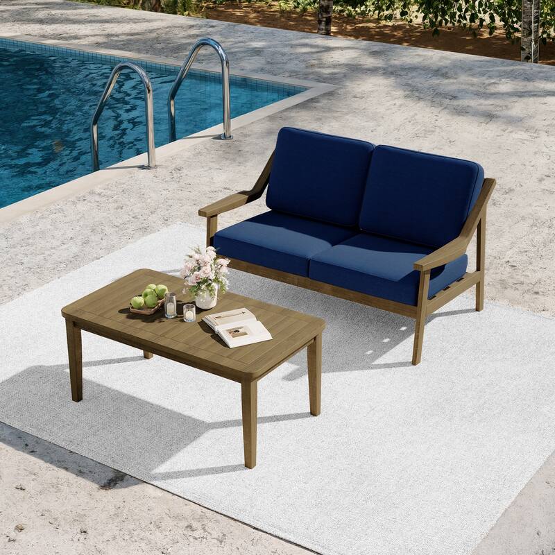 2-piece Brown/ Black Teak Cushioned Patio Loveseat Set with Coffee Table