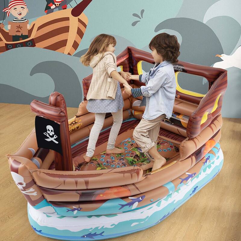 Pirate Ship Bounce House Inflatable Bouncy Castle w/ Built-in Motor - Brown