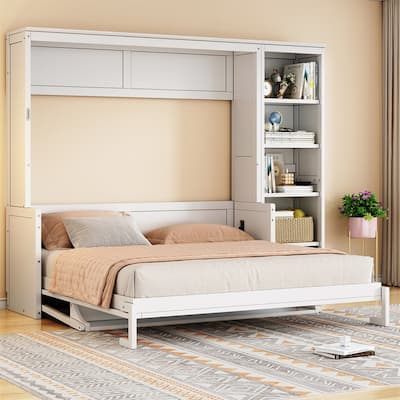 Full/Queen Size Murphy Bed with Bulit-in Desk and Bookshelf, Foldable Murphy Cabinet Bed with Open Storage Shelves