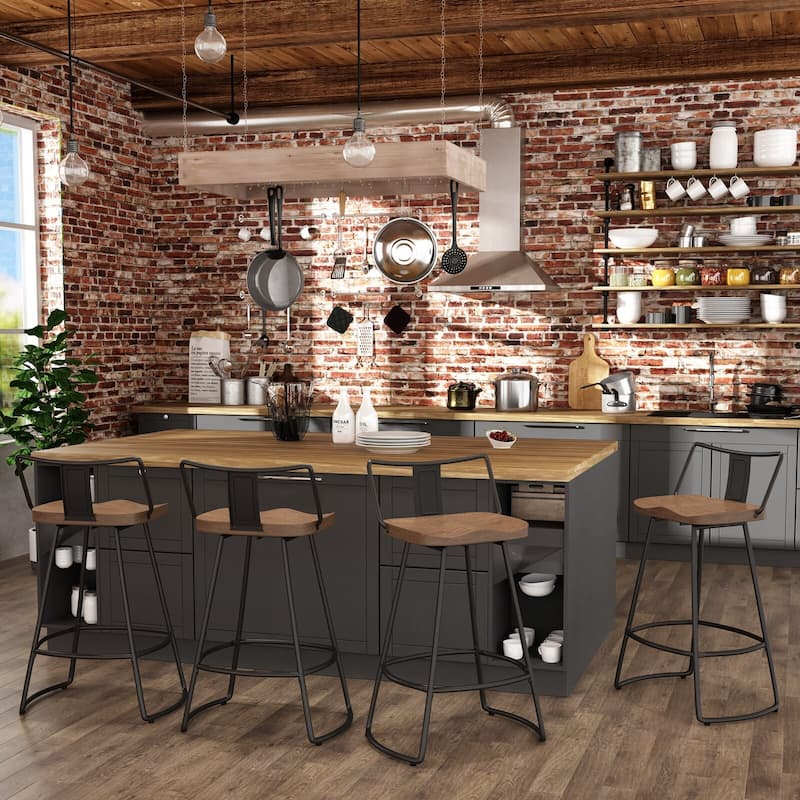 Swivel Bar Stools Set of 2 Metal Counter Height Barstools with Wooden Seat Low Back Industrial Bar Chairs