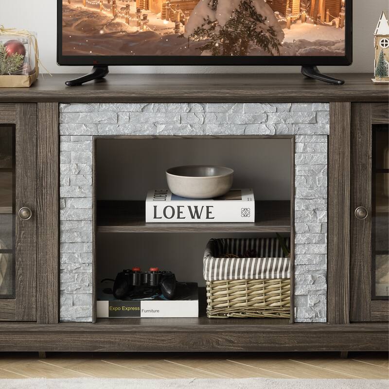 58" Modern TV Stand with 2-Door Storage, Faux Stone Media Console Cabinet,Large Entertainment Center for Living Room