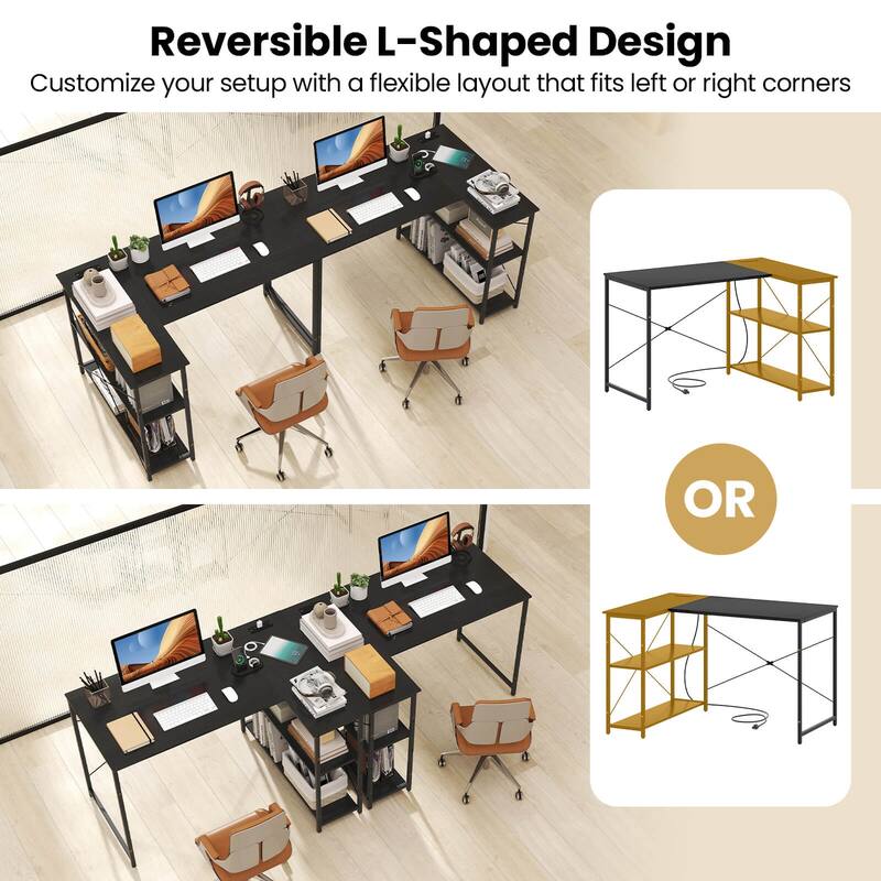 Costway L-Shaped Computer Desk with Power Outlets Adjustable shelf