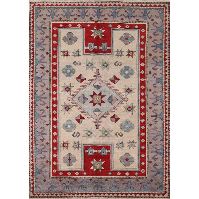 Geometric Kazak Rug Hand-Knotted Dining Room Wool Carpet - 6'0" x 8'2"