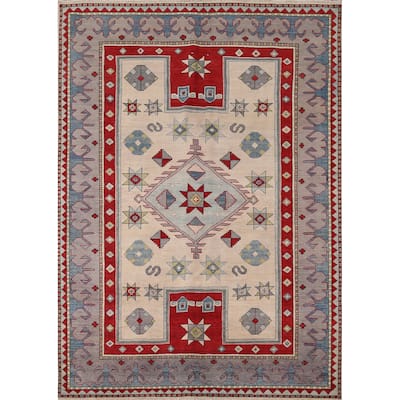 Geometric Kazak Rug Hand-Knotted Dining Room Wool Carpet - 6'0" x 8'2"