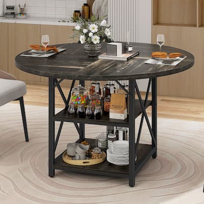 Moasis Round Dining Table with Storage Shelves Metal Legs for 4-6 People for Dining Living Room