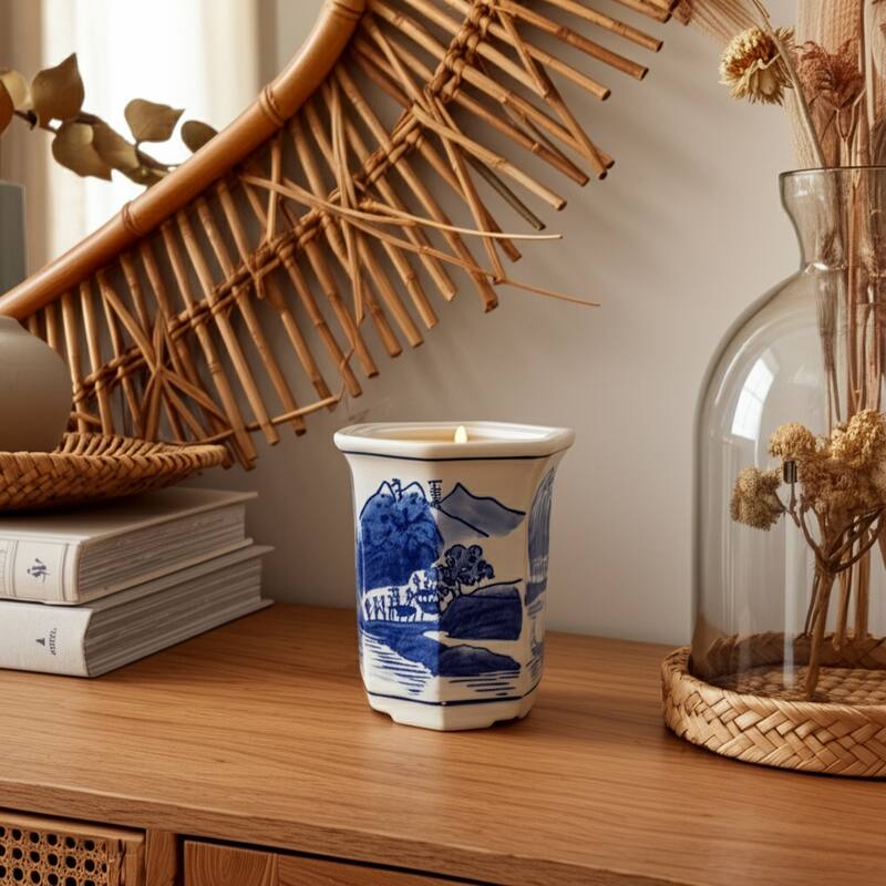 Modern Chinoiserie Ceramic Candle - Sage and Eucalyptus Scented - Blue/ White - 4.75"