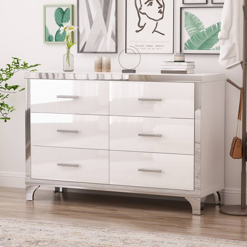 Dresser for Bedroom, 47" High Gloss Dresser with 6 Drawers, Mirrored Storage Chest of Drawers with Metal Handle