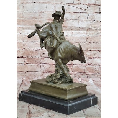 Bronze Imitative Bull Rider Sculpture On Marble Base – Western Rodeo Art
