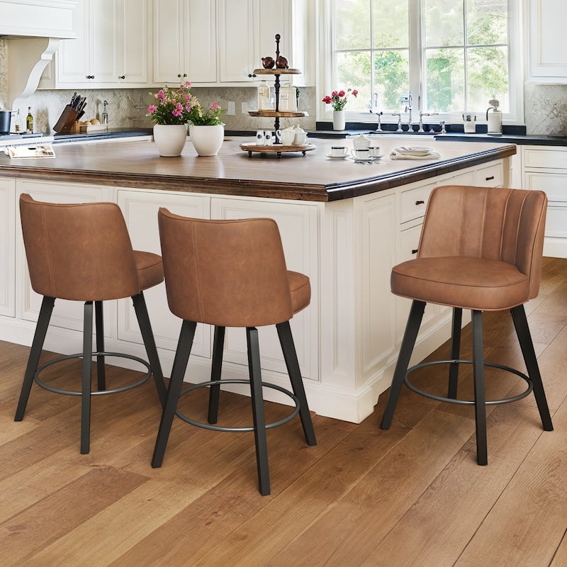 26.in Swivel Bar stool PU Leather/Fabric Upholstered Counter Stool, High Back Armless Stool with Wooden Legs