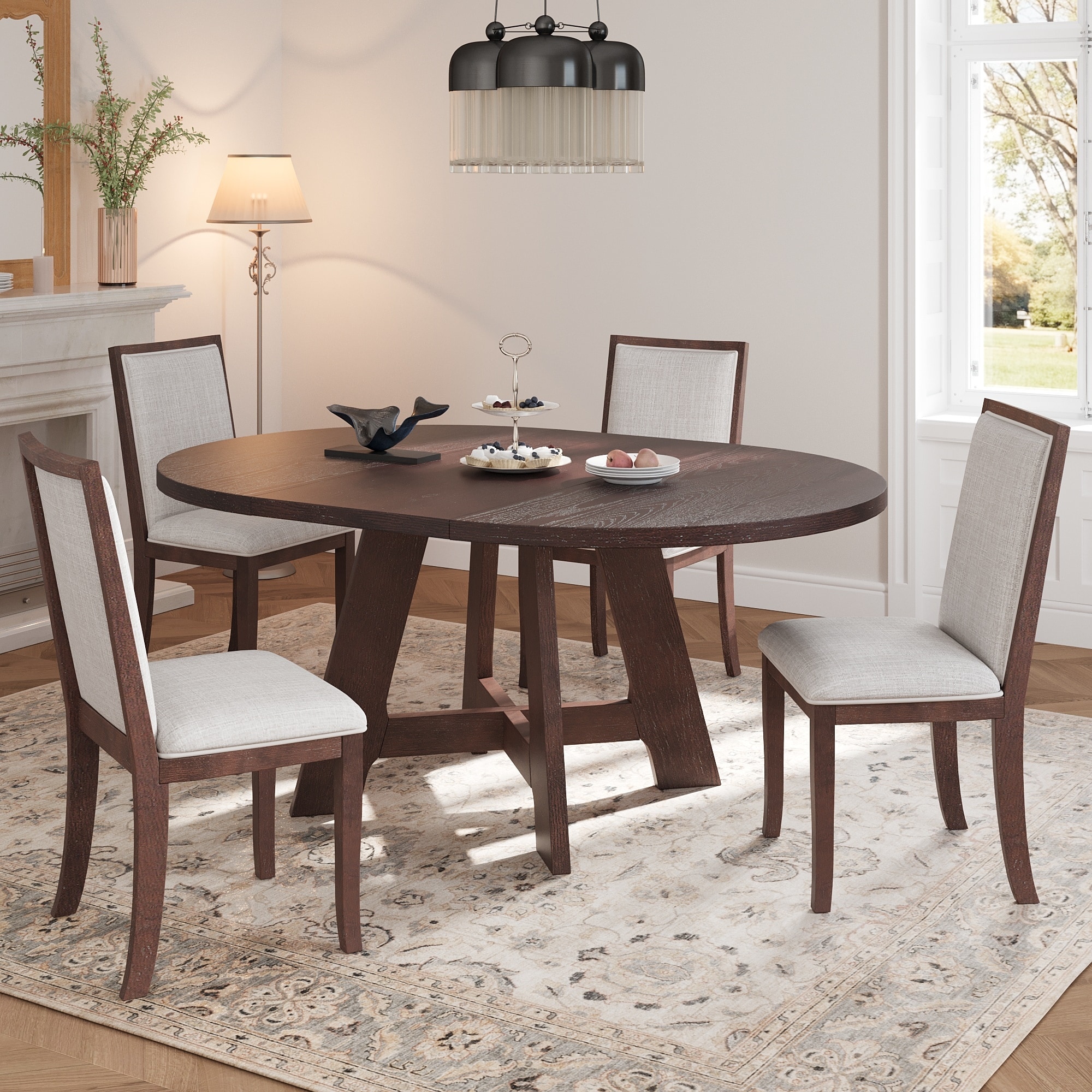 Farmhouse 5-Piece Extendable Round Dining Table Set with Removable Leaf and Four Upholstered Chairs for Small Spaces