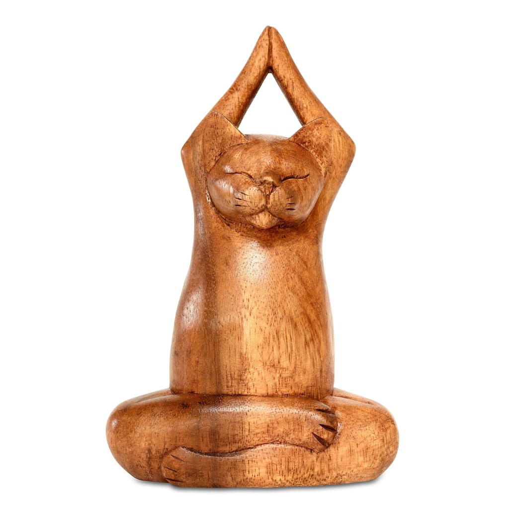 8" Wooden Handmade Hand Carved Yoga Lotus Pose Cat Sculpture Statue Home Decor - 8" tall x 4" wide x 3" deep