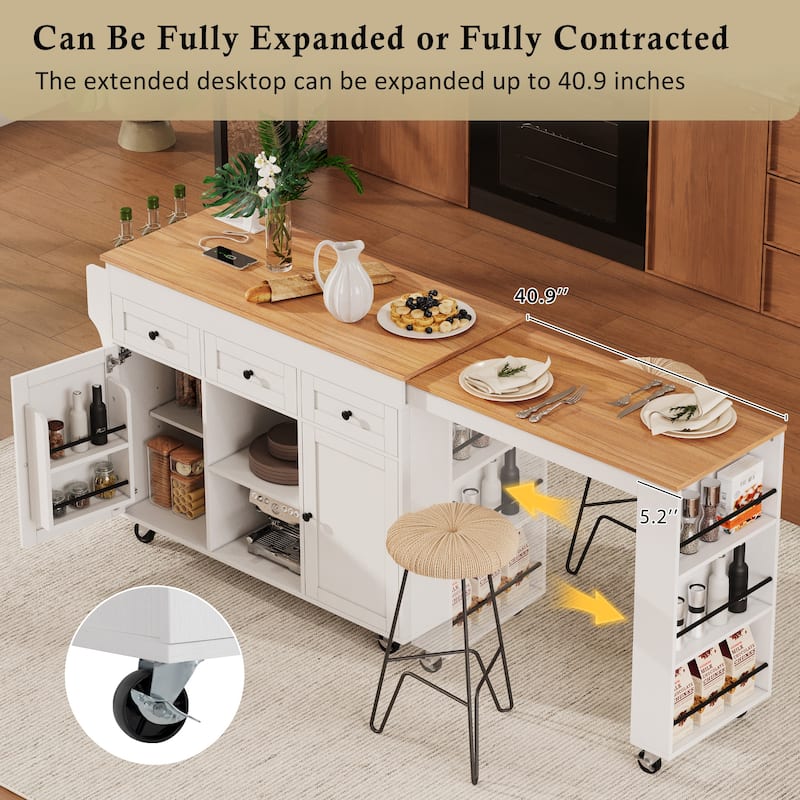 Anmytek Kitchen Island Cart with Drop Leaf and Charging Station Mobile Rolling Farmhouse Kitchen Storage