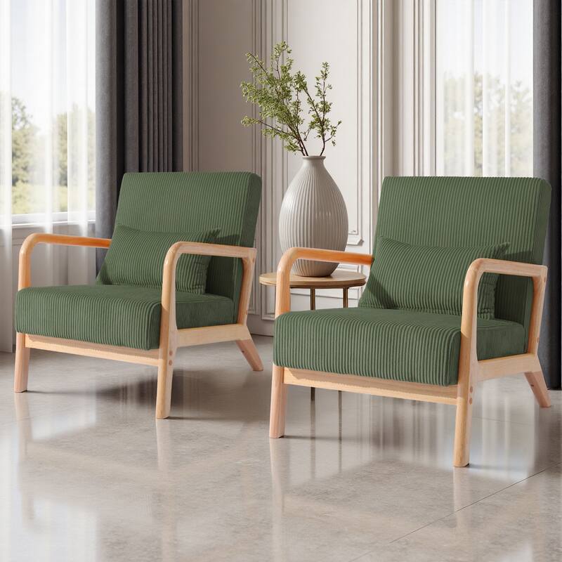 2 Set Upholstered Lounge Arm Chair with Pillow - Set of 2 - Corduroy-Grey Green