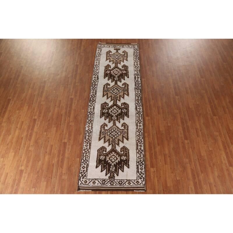 Tribal Anatolian Turkish Runner Rug Handmade Beige Wool Carpet - 3'6"x 11'9"