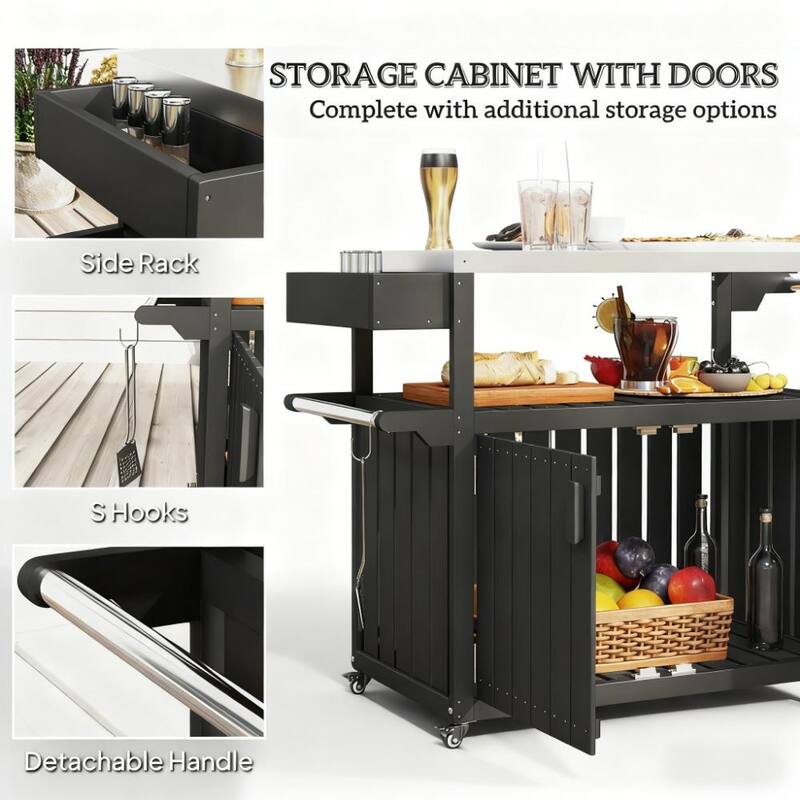 GDFStudio - Cedar Outdoor Wheeled Bar Cart with Heavy Duty Stainless Steel Top and Multi Storage - 45.7"