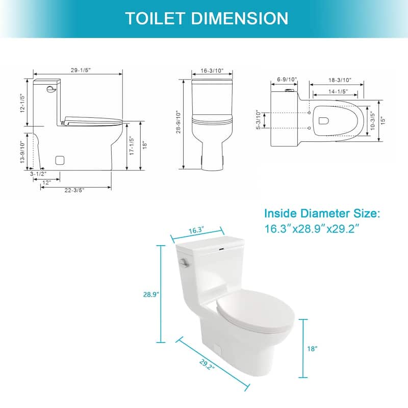 1-piece 1.28 GPF Single Flush Elongated Toilet in White Seat Included - 30" x 16" x 29"