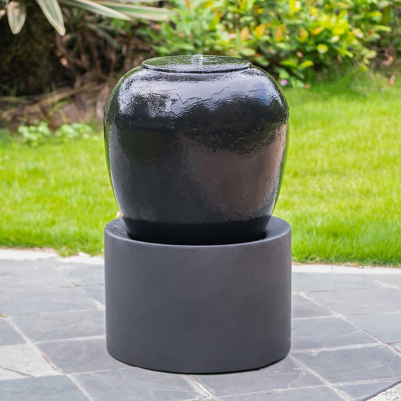 19.5x19.5x32.5" Heavy Outdoor Cement Fountain Black, Cute Unique Urn Design Water feature For Home Garden, Lawn, Deck & Patio - Black