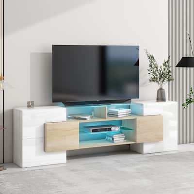 78.7 Modern TV Stand with LED-Lit Glass Shelves, High Gloss Finish, and Ample Storage for Media Devices