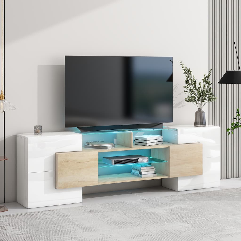 78.7 Modern TV Stand with LED-Lit Glass Shelves, High Gloss Finish, and Ample Storage for Media Devices