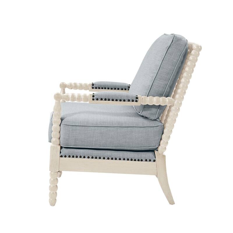 Roomfitters Upholstered Spindle Accent Chair, Transitional Turned-Wood Armchair with Bronze Nailheads, Roomfitters, Ivory & Grey