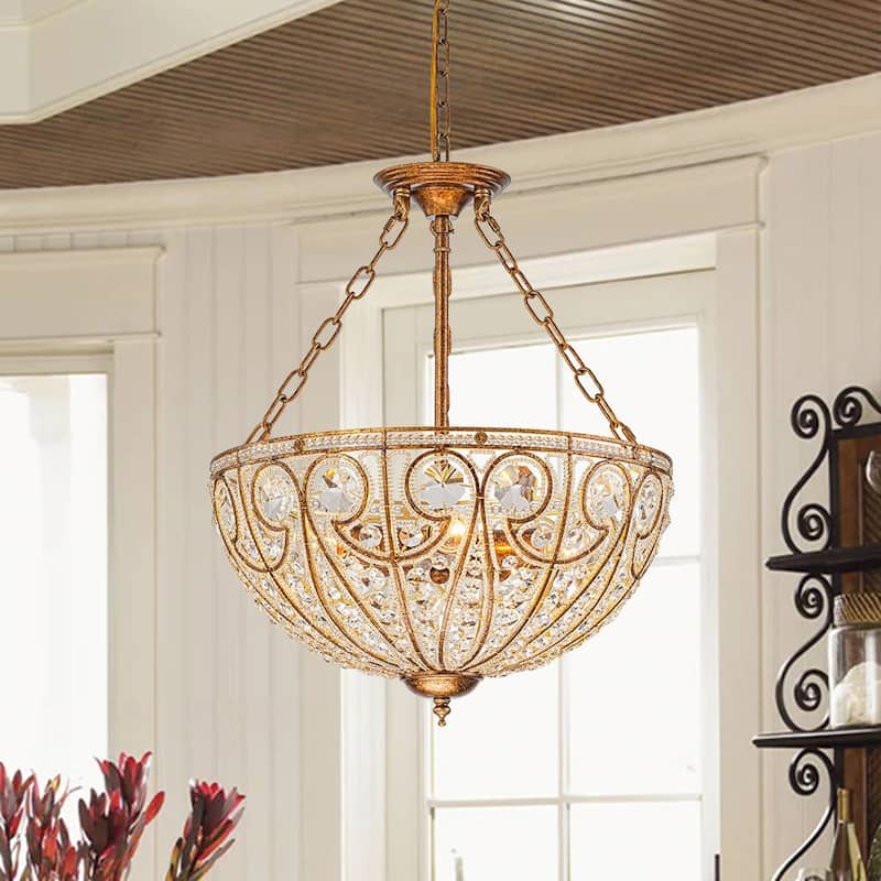 Spanish Antique Gold Bronze Crystal Accented Basket Cage Chandelier