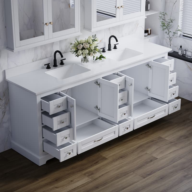 84''W Solid Wood Frame Bathroom Vanity With Pure White Culutered Marble Countertop And Double Sink