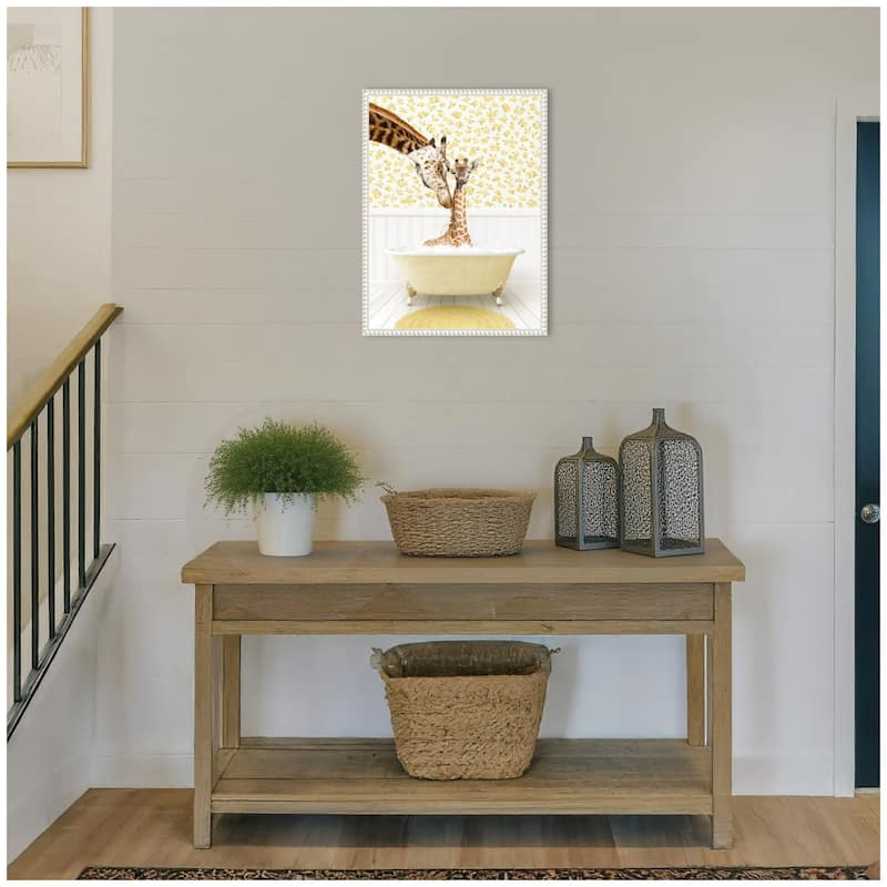 Kate and Laurel Sylvie Mother and Baby Giraffe in Cottage Yellow Bathtub Framed Canvas by Amy Peterson
