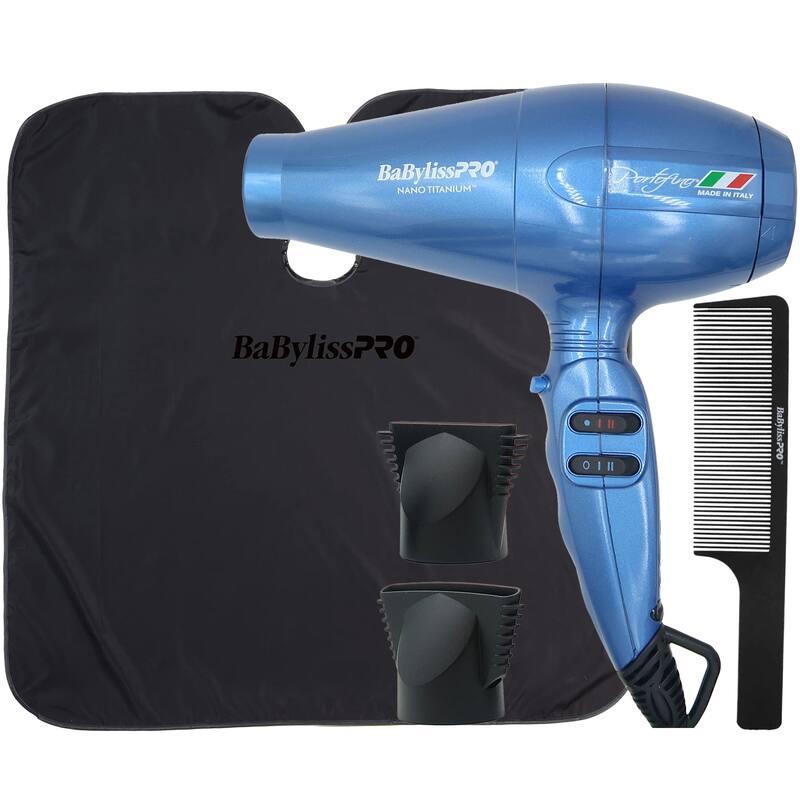 Babyliss Pro Nano Titanium Portofino 6600 Full-Size Hair Dryer, Blue BNT6610N + Cutting Cape + Barberology Comb Black - Blue
