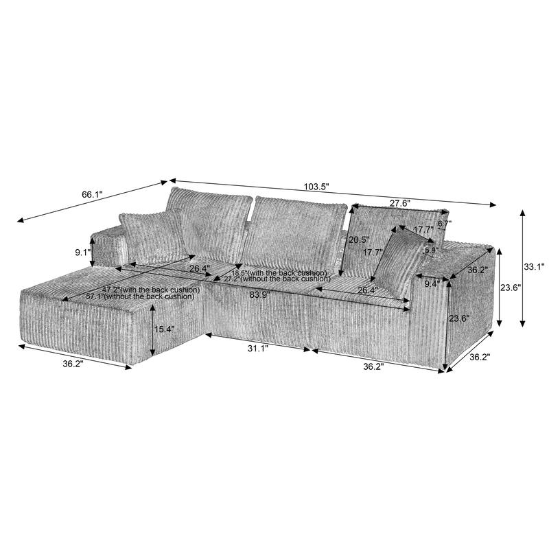 Corduroy Upholstery Cloud Modular Sectional Sofa with Chaise and Pillows, All-Foam Compression Design