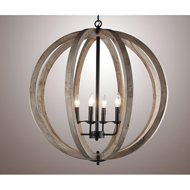 4 - Light Antique Black Natural Wood Orb Chandelier