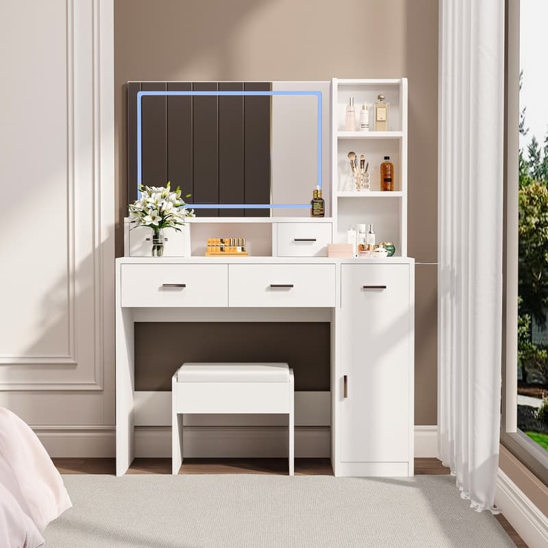 Dressing Table with LED 3-color illuminated mirror, power outlet and stool