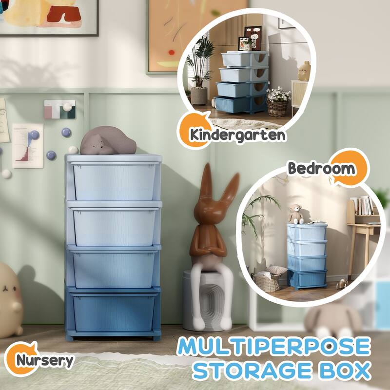 Qaba 4 Tier Kids Storage Unit, 4 Drawer Chest Toy Organizer Plastic Bins