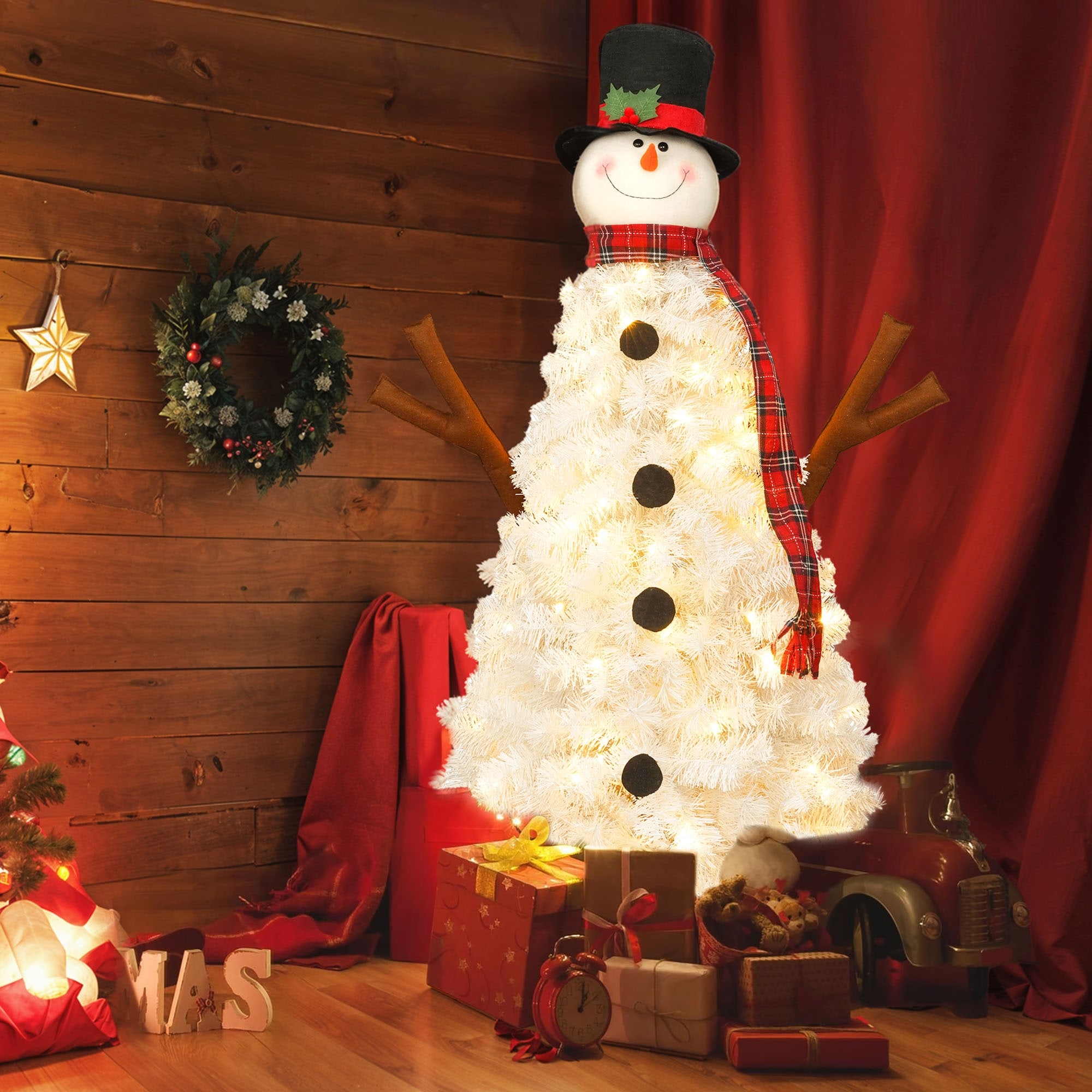 Snowman-Shaped 4ft Pre-lit Christmas Tree with 100 Lights - N/A
