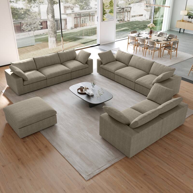 3PCS Living Room Sofa Set, Cloud Modular Sectional Sofa with Storage Ottoman - Khaki