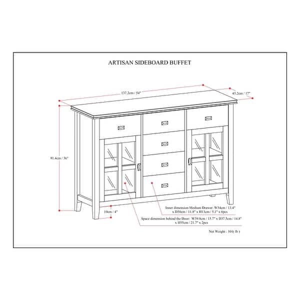 dimension image slide 3 of 6, WYNDENHALL Stratford Solid Wood Transitional Sideboard Buffet - 54 inch Wide
