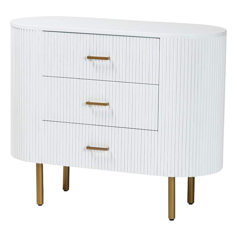 Beyla Mid-Century White Fluted Wood and Gold Metal 3-Drawer Dresser - White