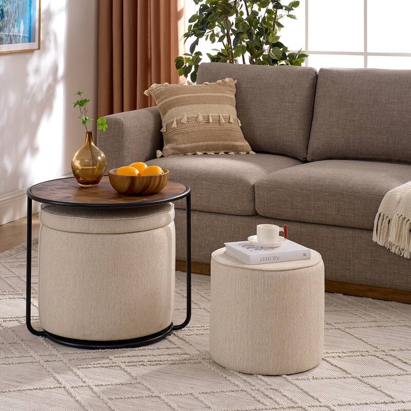 Ottoman, multifunctional combination set table Ottoman, combination of Ottoman and table, with drum stool, with storage space - Beige