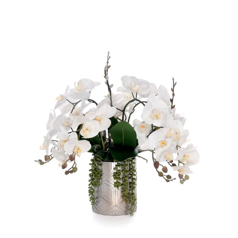 Real Touch White Orchids Flower Arrangement in Silver Vase