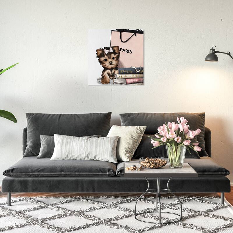 Wynwood Studio 'Fashion Book Yorkie Glam' Animals Wall Art Canvas Print Dogs and Puppies - Brown, Pink - 20 x 20