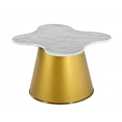 Marble Top End Table with Conical Pedestal Base, White and Gold