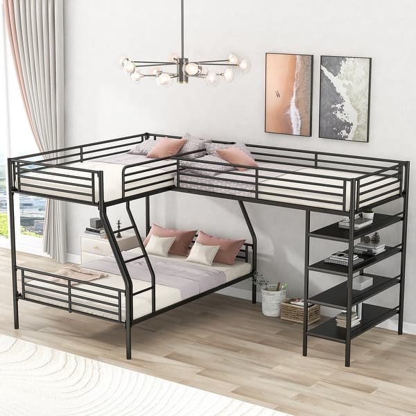 slide 2 of 9, Black Twin & Full Size L-Shaped Metal Triple Bunk Bed with Loft, 4 Built-in Shelves, Full-Length Guardrails Black