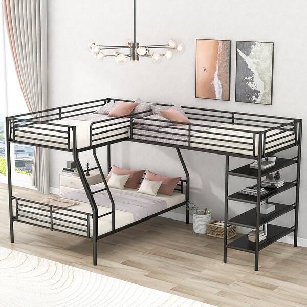 slide 2 of 10, L-Shaped Metal Twin over Full Bunk Bed with Twin Loft and Built-in Storage Shelves for Multi-functional Bedroom Use Black
