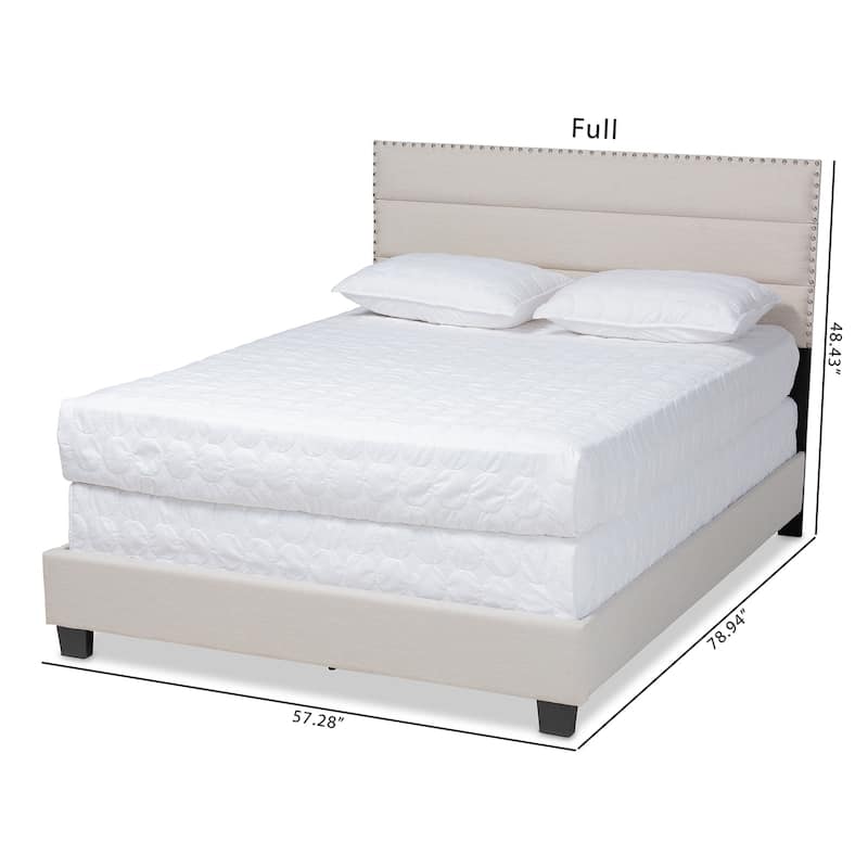 Full Size Bed Frame Upholstered Modern Beige Fabric Bed with Nailhead Trim & Sturdy Wood Frame