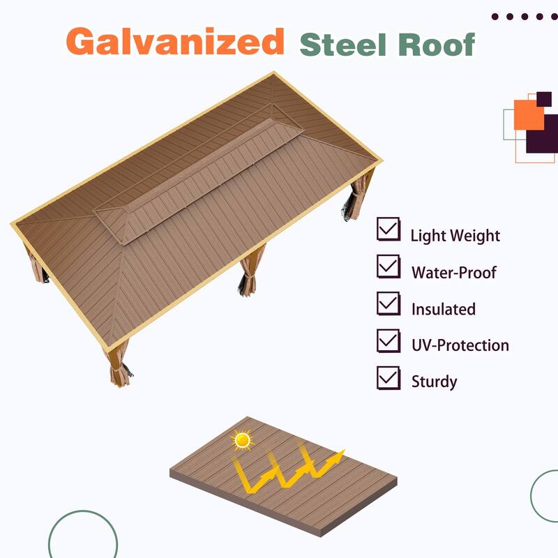 Wooden-Finish Aluminum Frame Outdoor Hardtop Gazebo with Galvanized Steel Double Roof, Premium Curtains, and Netting
