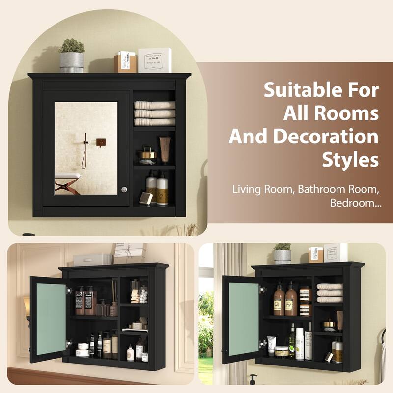Modern Bathroom Wall Cabinet Medicine Cabinet with Mirror, 3 Open Compartments, Adjustable Shelf and Vintage Handle