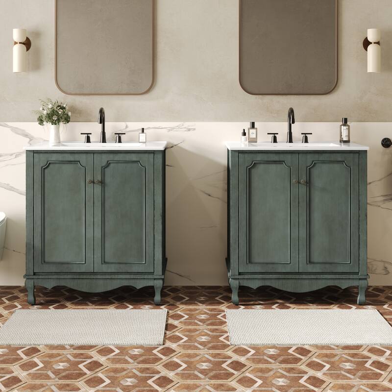 30-Inch Vintage Bathroom Vanity, Rectangle Ceramic Sink, 2 Doors, Solid Wood Legs and Adjustable Shelves