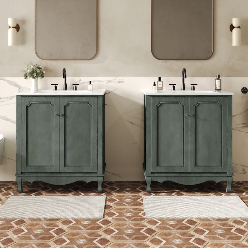 Christopher Knight Home - 30" Vintage Bathroom Vanity with Ceramic Sink & Adjustable Storage Shelves