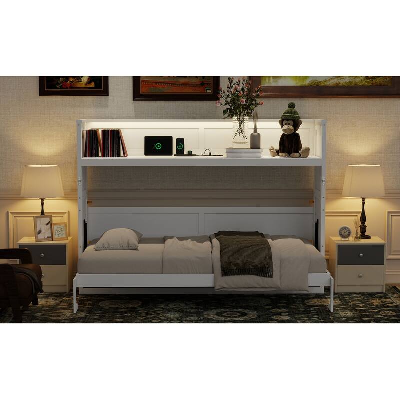 Twin XL Murphy Bed with Desk, LED Light, and USB Charging Station in White