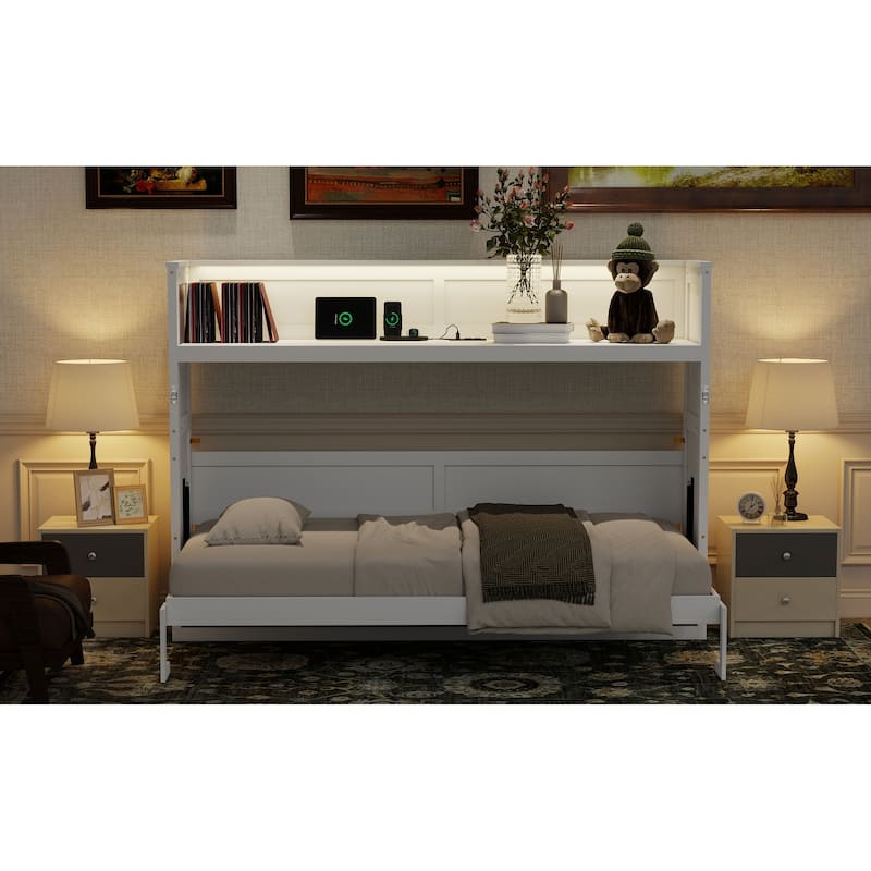 Twin XL Size Murphy Bed with Desk,LED Light